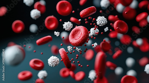 Close up of red blood cells and white cells in dynamic arrangement