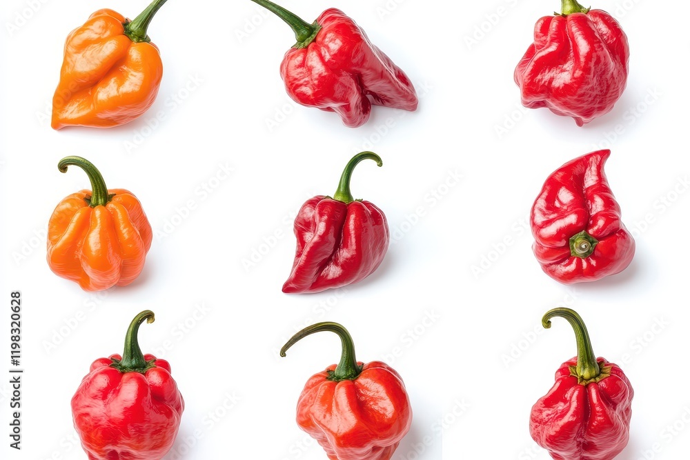 Isolated sliced half of a red Habanero pepper on a white background with drop shadow photo collage Isolated sliced half of a red Habanero pepper on a white background with drop shadow photo collage