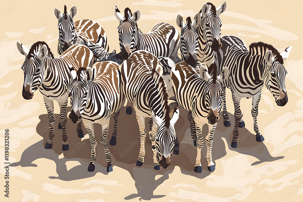 Naklejka premium A group of zebras standing together on a sandy surface.