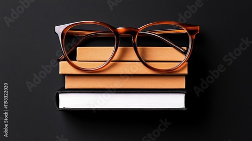 Reading Glasses on Books: A classic pair of round, tortoiseshell glasses rests atop a stack of well-worn books, hinting at a world of knowledge and intellectual pursuits. photo