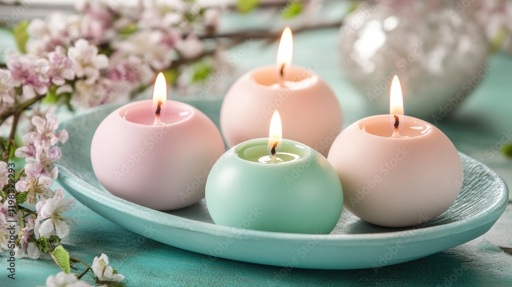 A close-up of pastel-colored egg candles arranged on a festive tray. A close-up of pastel-colored egg candles arranged on a festive tray.