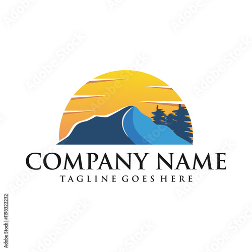 mountain logo design, mountain vector, pine tree, mountain and mountain silhouette, mountain logo premium,professional camping logo, holiday logo, vacation, landscape, mountain and mountains 