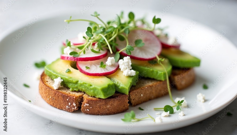 Gourmet avocado toast with radishes and feta on sourdough, clean minimalistic setting, white plate Gourmet avocado toast with radishes and feta on sourdough, clean minimalistic setting, white plate