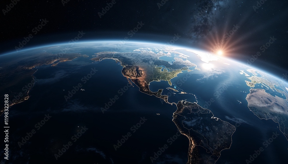 Naklejka premium Satellite view of Earth from space showing detailed continents and oceans illuminated by sunlight against a starry background