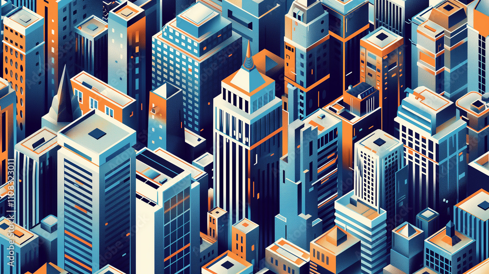 Obraz premium Stylized aerial view of urban cityscape with modern skyscrapers in shades of blue and orange