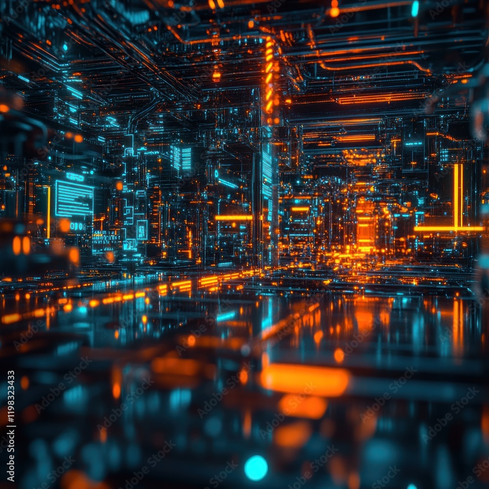 Fototapeta premium Abstract Digital Cityscape: Neon Lights and Reflective Surfaces