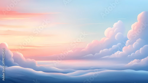 Calming blue sky with soft spindrift clouds and pale pinkish hues at sunset, gentle, peaceful, soothing. sundrift. illustration. Sundrift. Illustration photo