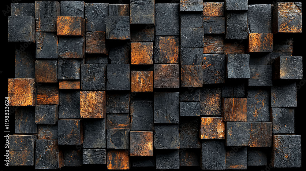 Dark Wooden Cubes Abstract Texture: Geometric Wall Design, Modern Architecture Background Dark Wooden Cubes Abstract Texture: Geometric Wall Design, Modern Architecture Background