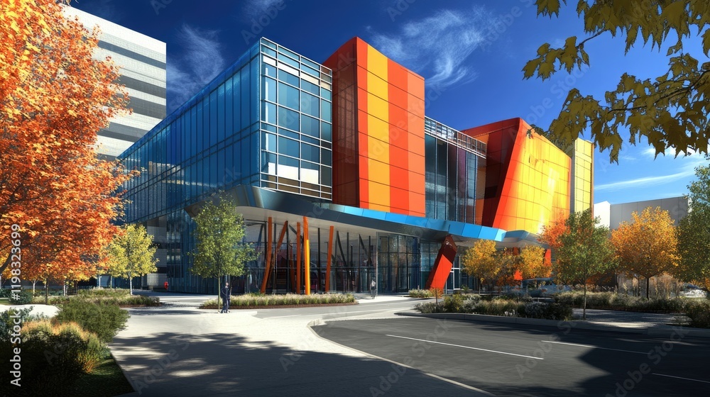 A colorful, asymmetrical building with bold lines and contemporary architectural features. A colorful, asymmetrical building with bold lines and contemporary architectural features.