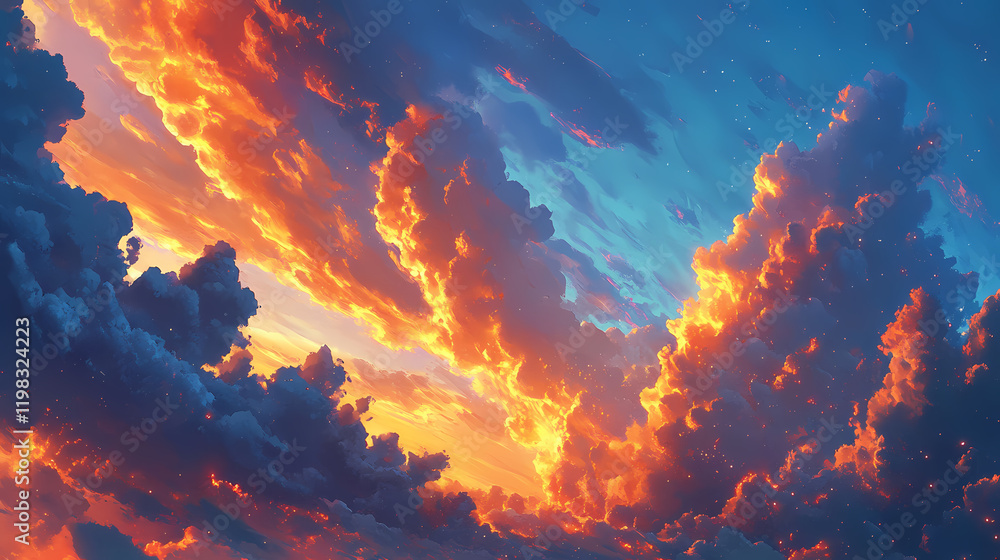 Dramatic blue sky with towering spindrift clouds and vibrant orange hues at sunset, clouds, intense, bold. sundrift. illustration. Sundrift. Illustration Dramatic blue sky with towering spindrift clouds and vibrant orange hues at sunset, clouds, intense, bold. sundrift. illustration. Sundrift. Illustration