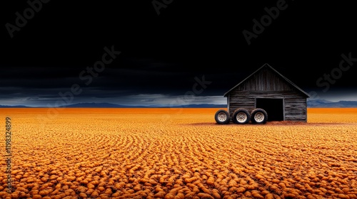 Solitude in the Dust: An abandoned wooden shack stands alone in a vast, barren landscape, its weathered exterior and three detached wheels symbolizing isolation and forgotten dreams. The ominous. photo