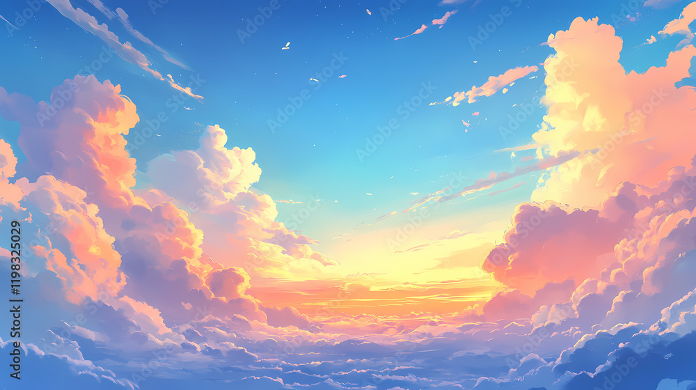 Serene blue sky with delicate spindrift clouds and golden hues at sunset, blue, natural. sundrift. illustration. Sundrift. Illustration Serene blue sky with delicate spindrift clouds and golden hues at sunset, blue, natural. sundrift. illustration. Sundrift. Illustration