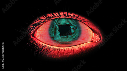Close up of human eye with digital patterns in red and green hues, showcasing technology and vision