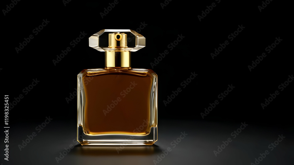 Elegant perfume bottle containing golden brown liquid, showcased on a subtle black surface.