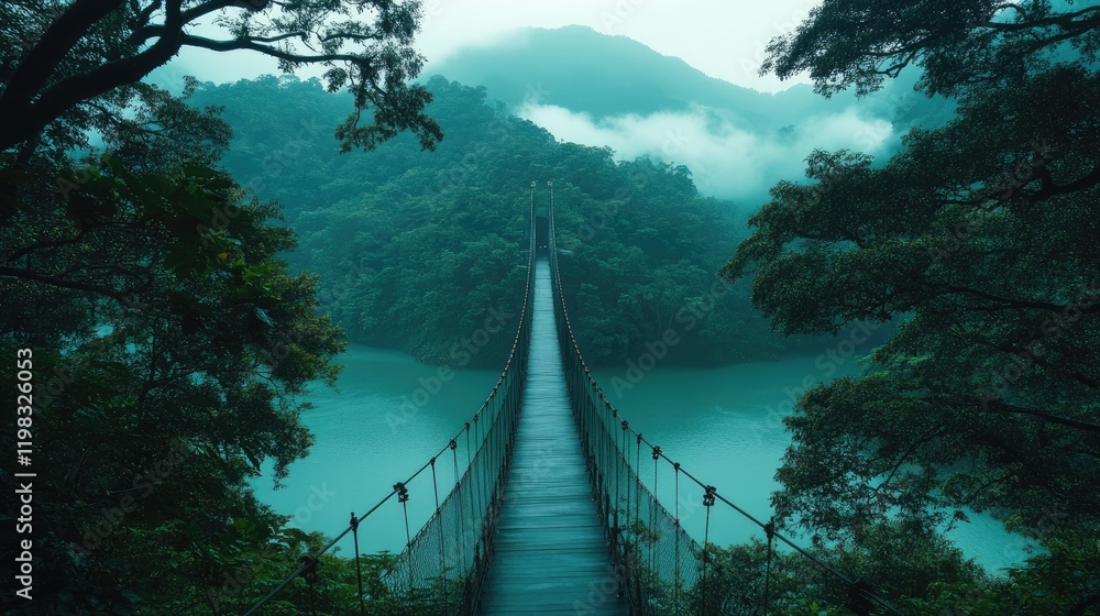 Obraz premium A famous suspension bridge spanning a large river, framed by lush greenery.