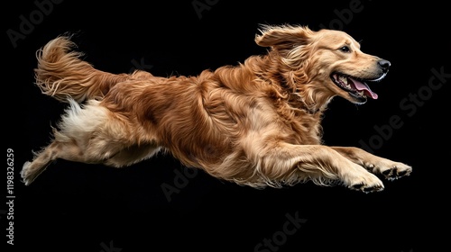 Energetic Golden Retriever Mid-Leap on Black Background, Showcasing Dynamic Movement, Playful Energy, and Majestic Fur Detail of this Beloved Dog Breed in an Elegant and Artistic Capture photo