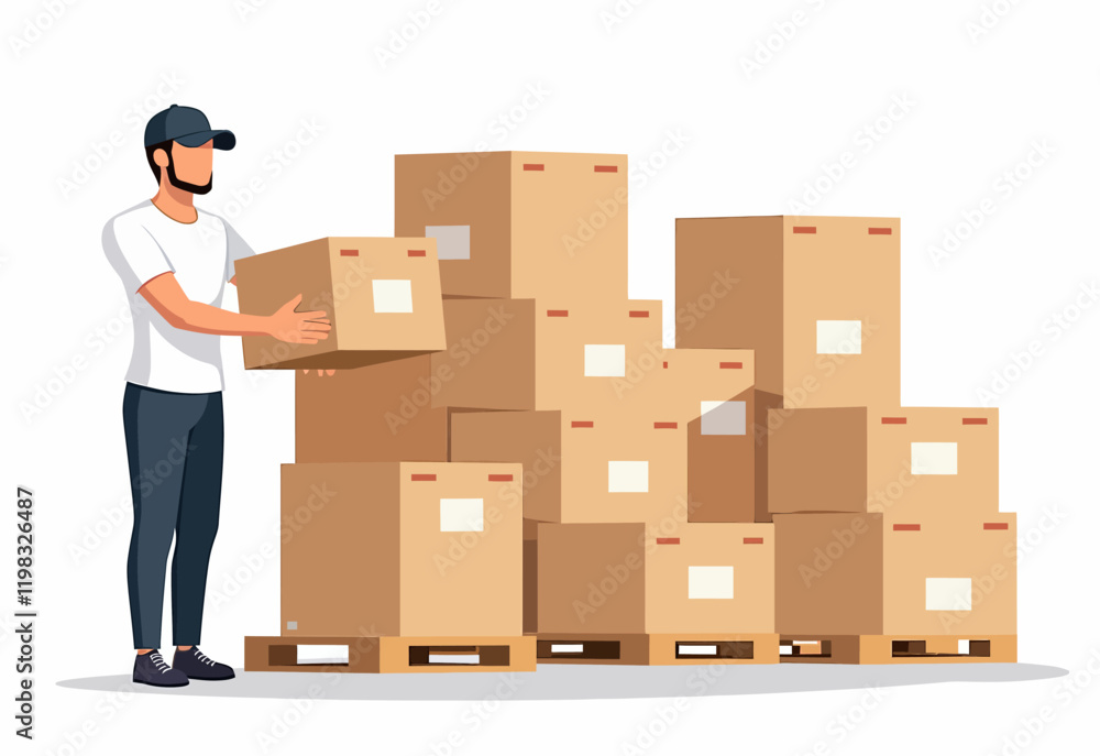 Logistics and Supply Chain Visual: Warehouse Worker in White Shirt Packing Labeled Boxes on Pallets with Orange Pallet-Racks Behind Logistics and Supply Chain Visual: Warehouse Worker in White Shirt Packing Labeled Boxes on Pallets with Orange Pallet-Racks Behind