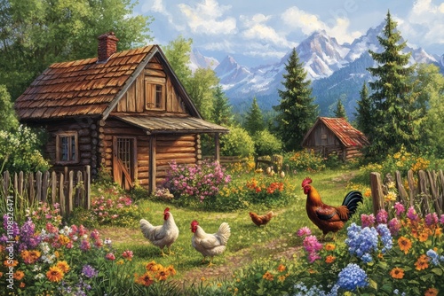Wooden farmyard with chickens and a rooster surrounded by mountains and flowers during a sunny day in a rural setting. Generative AI