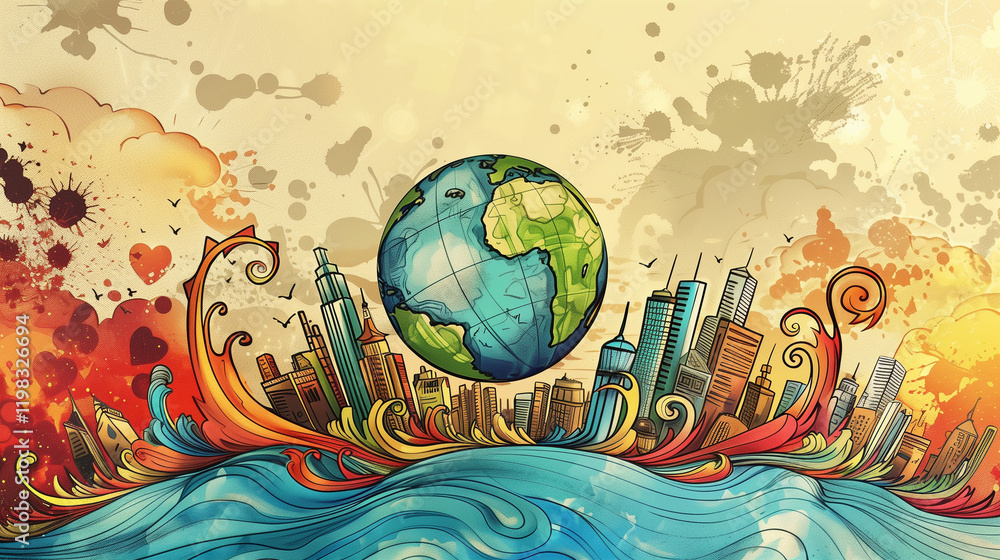 Naklejka premium Abstract Earth surrounded by colorful cityscape, flames, and ocean waves in a symbolic art composition