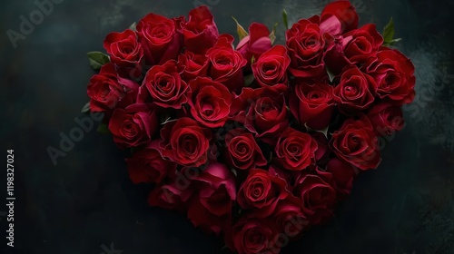 heart made entirely of blooming red roses, representing passionate love on Valentine's Day