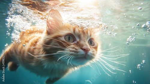 A fluffy orange cat swimming underwater, its face fully visible, with whiskers gently floating and sunlight streaming from above.  photo