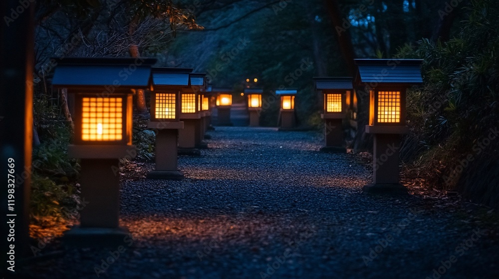 Illuminated pathway with traditional lanterns at night. Illuminated pathway with traditional lanterns at night.