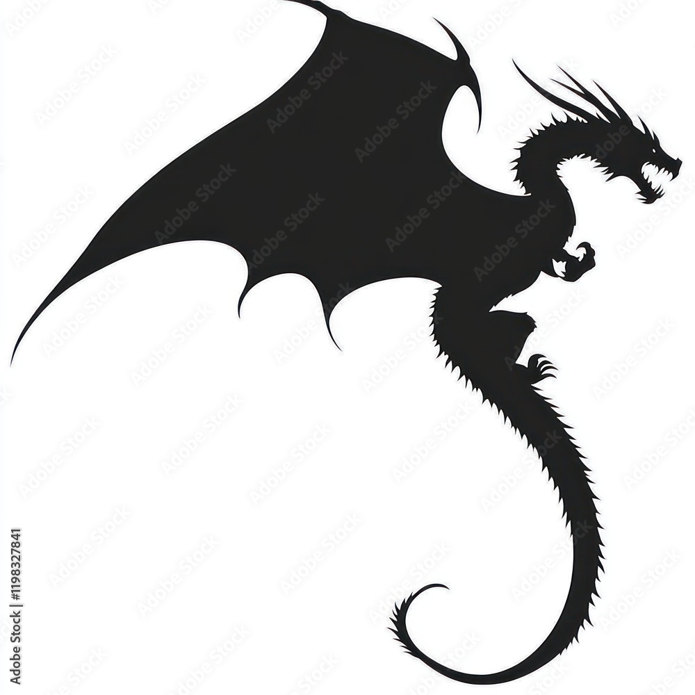 Silhouette of a dragon with wings spread, against a white backdrop. Possible for fantasy design Silhouette of a dragon with wings spread, against a white backdrop. Possible for fantasy design