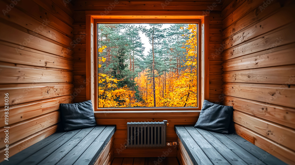 Cozy Wooden Sauna with Stunning Autumn Forest View. Relaxing Cabin Retreat, Perfect Getaway for Nature Lovers Cozy Wooden Sauna with Stunning Autumn Forest View. Relaxing Cabin Retreat, Perfect Getaway for Nature Lovers