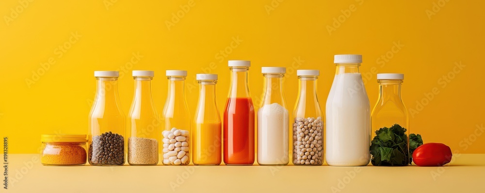 Fototapeta premium Colorful arrangement of glass bottles filled with various liquids and ingredients, set against a vibrant yellow background.