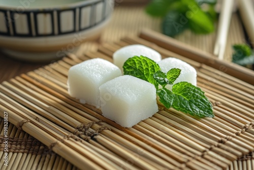 Wallpaper Mural Japanese rice cake with mint on a wooden mat Torontodigital.ca