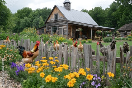 Wooden farmyard with chickens and a rooster surrounded by vibrant flowers and greenery in a peaceful rural setting. Generative AI photo