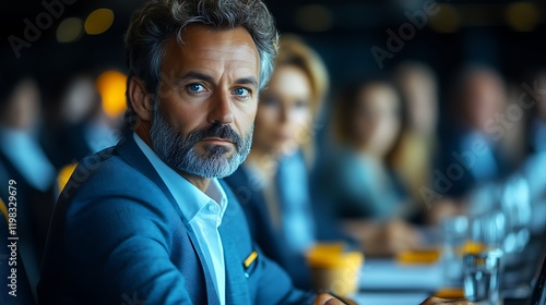 Confident businessman at a corporate meeting.