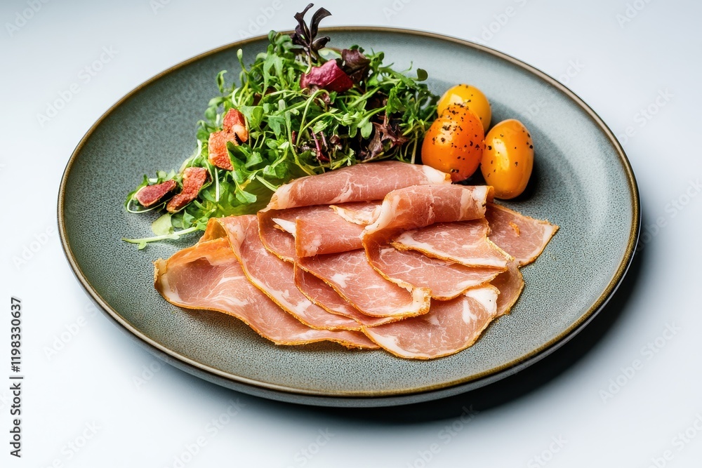 Freshly Prepared Plate of Sliced Ham Served with Creamy Egg Yolks and a Colorful Salad Garnished with Greens and Berries for a Healthy Meal Option Freshly Prepared Plate of Sliced Ham Served with Creamy Egg Yolks and a Colorful Salad Garnished with Greens and Berries for a Healthy Meal Option