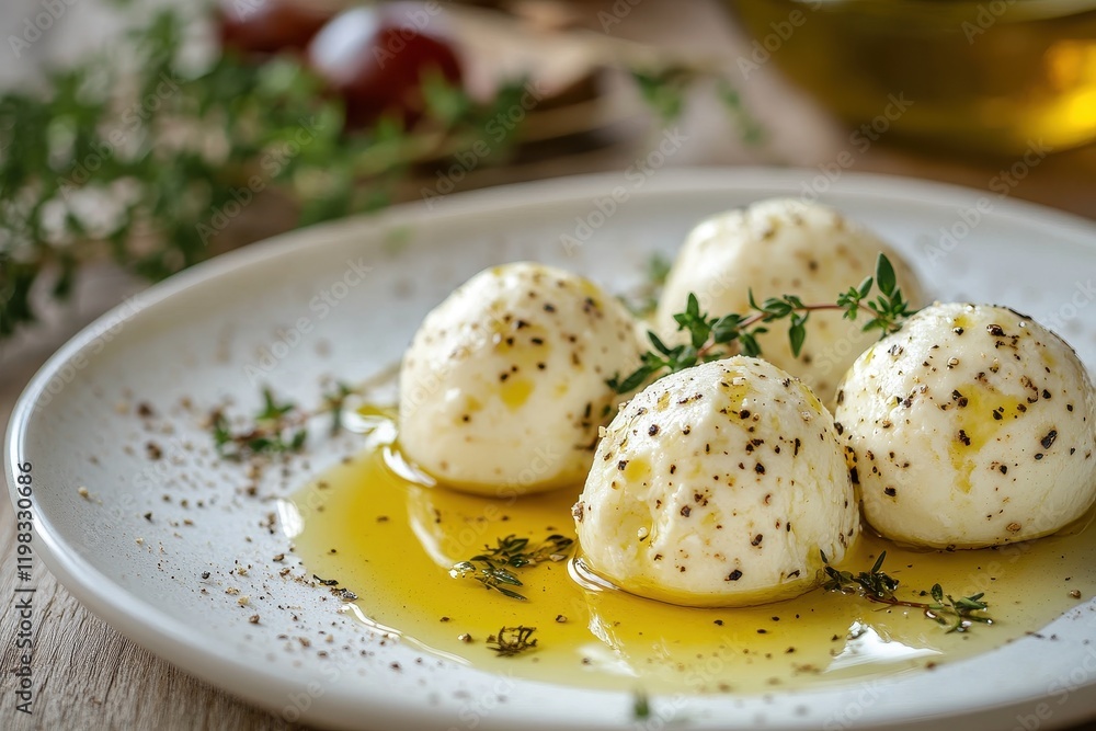 Labneh spheres drizzled with olive oil on a white dish garnished with thyme Labneh spheres drizzled with olive oil on a white dish garnished with thyme