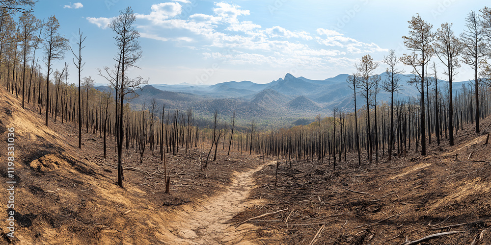 A lush forest now decimated by rising temperatures, drought, and insects. The trees are dying, and the wildlife is nowhere to be seen, leaving a once-thriving ecosystem now on the brink of extinction A lush forest now decimated by rising temperatures, drought, and insects. The trees are dying, and the wildlife is nowhere to be seen, leaving a once-thriving ecosystem now on the brink of extinction