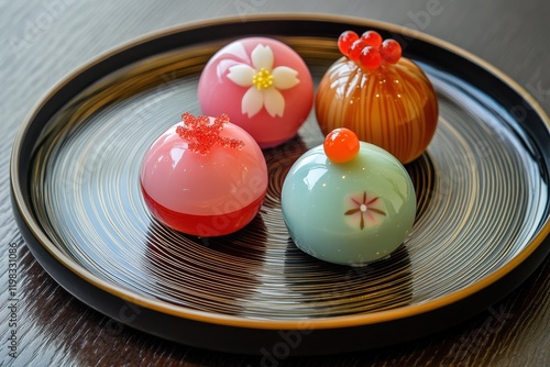 Lacquered plate with Japanese dessert wagashi photo