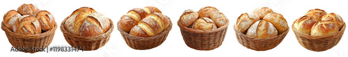 Six Wicker Baskets Filled with Golden Brown Crusty Bread Rolls on transparent background