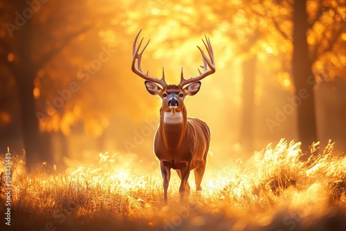 Large necked white tailed deer buck strolling through an autumn meadow in Ottawa s morning light