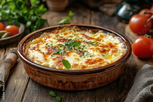 Lebneh displayed on a dish atop a wooden table showcasing Middle Eastern cuisine photo