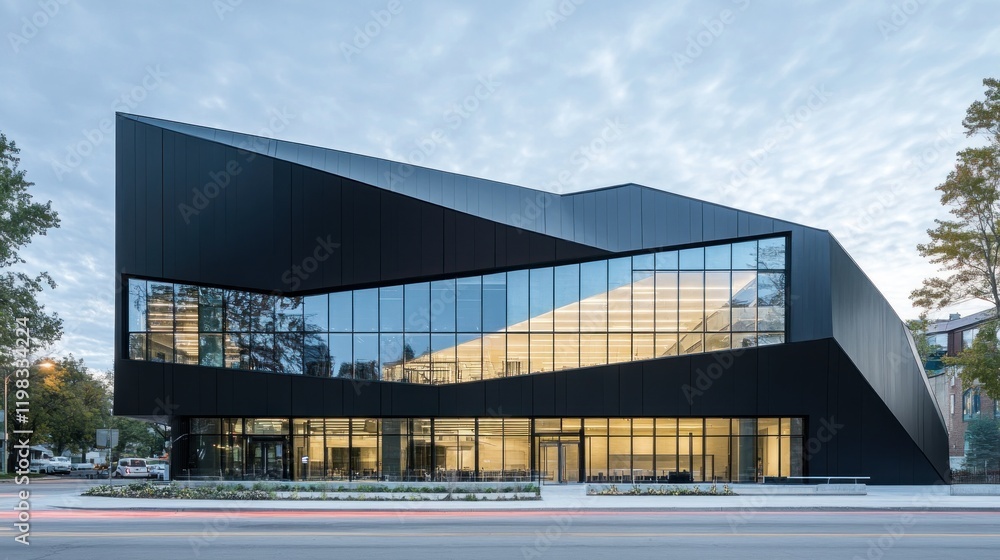 Obraz premium Modern black angular building with large glass windows.