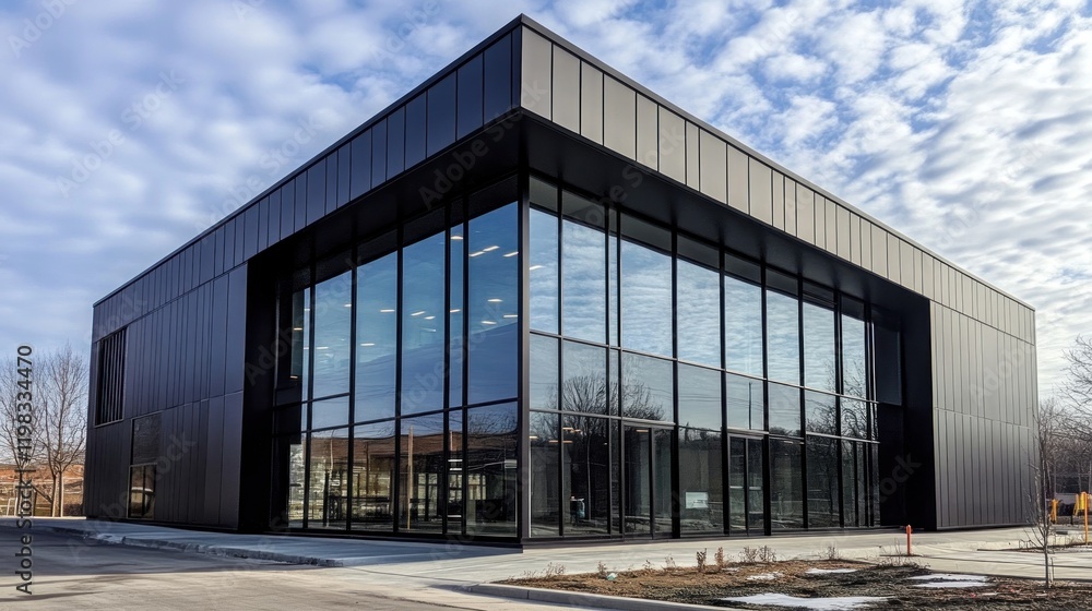Fototapeta premium Modern black building with large glass windows.