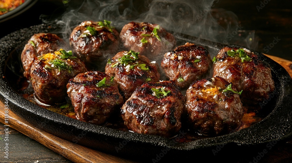 Delicious, freshly cooked, flavorful, and juicy meatballs sizzling in a cast iron pan, emitting steam. Delicious, freshly cooked, flavorful, and juicy meatballs sizzling in a cast iron pan, emitting steam.