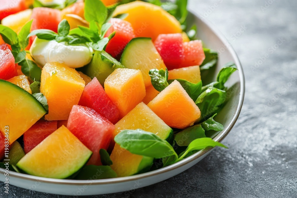 Melon and mozzarella salad with Parma ham and mixed greens Melon and mozzarella salad with Parma ham and mixed greens