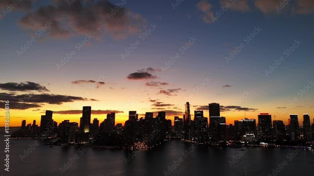 Beautiful sunset in Miami, captured by drone, the beauty of night Florida from above Beautiful sunset in Miami, captured by drone, the beauty of night Florida from above
