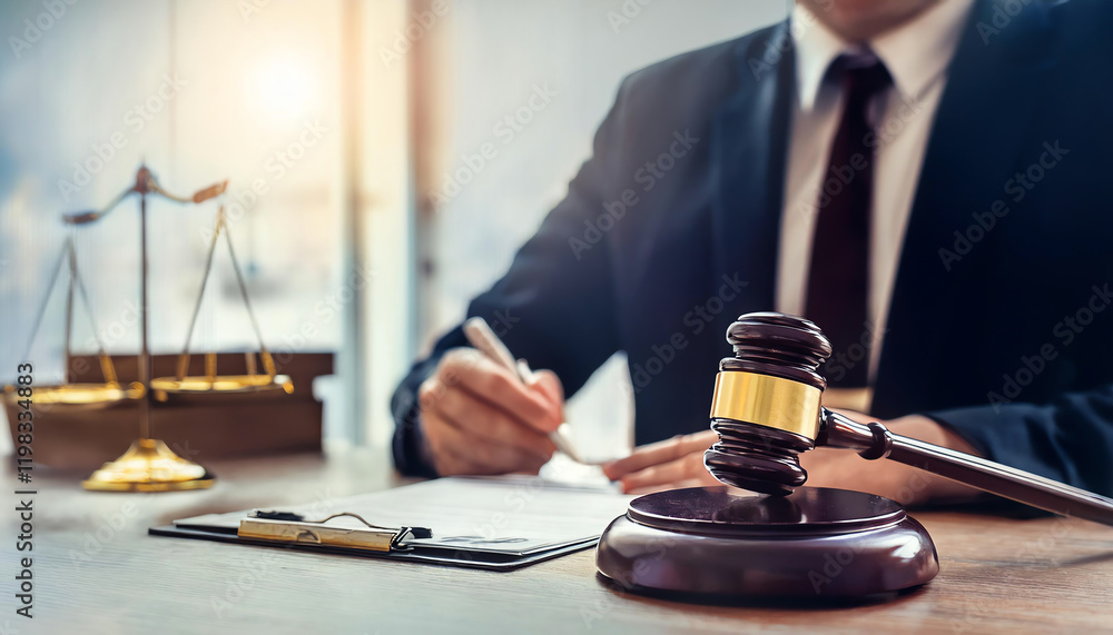 A business professional writing notes, with a gavel and scales of justice on the table, symbolizing law and legal proceedings. A business professional writing notes, with a gavel and scales of justice on the table, symbolizing law and legal proceedings.