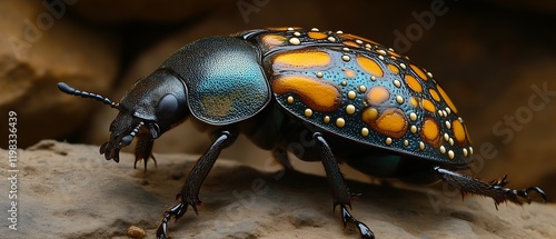 Vibrant Jewel Scarab Beetle on Rock. photo