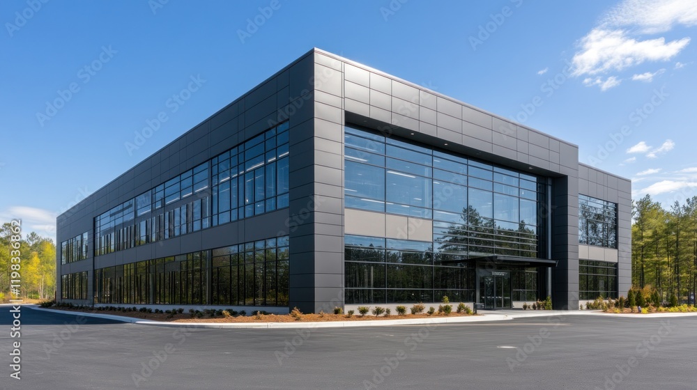 Obraz premium Modern black glass office building exterior, sunny day.