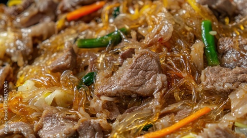 Delicious Japchae: Korean Glass Noodles with Beef and Vegetables photo