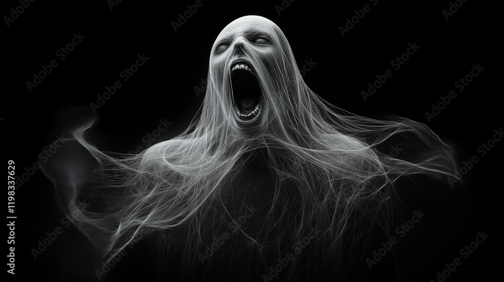 Dark Haunting Portrait of a Screaming Figure Shrouded in a Ghostly Veil with Hollowed Eyes and Terrifying Expression







