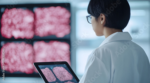 Wallpaper Mural A scientist analyzes medical images on a tablet, focusing on detailed scans displayed on a screen in a laboratory setting. Torontodigital.ca